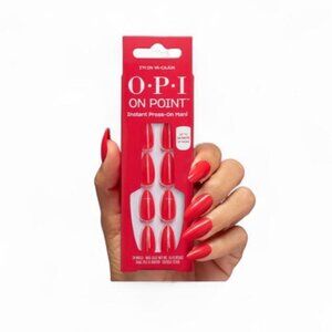 Opi Press On Almond Nails Coral Red Gold Shimmer Long New